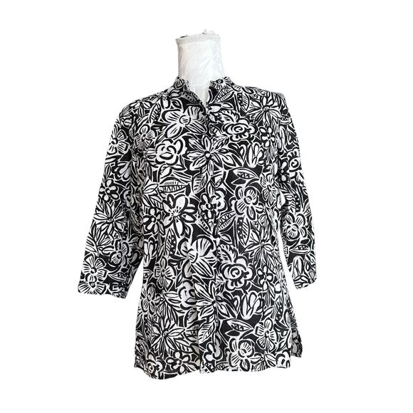 Laura Ashley Petite Black White 100% Linen Shirt Womens Sz PM Embroidered Loose - Picture 2 of 16
